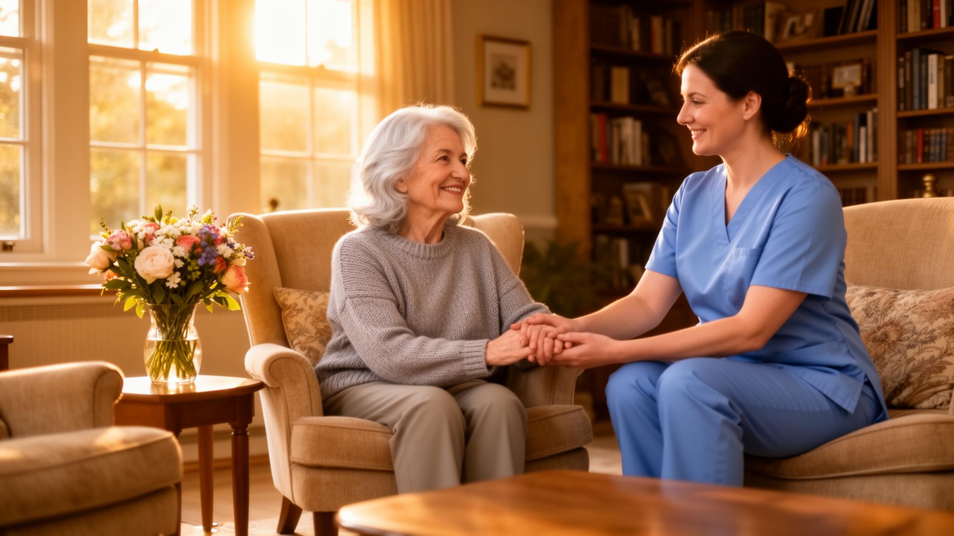 A caregiver holding the hand of a smiling senior resident in a sunlit room